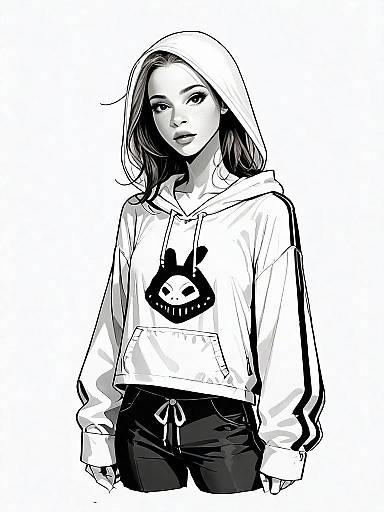 Realistic Comic Style Full Body Portrait of Woman in Casual Hoodie