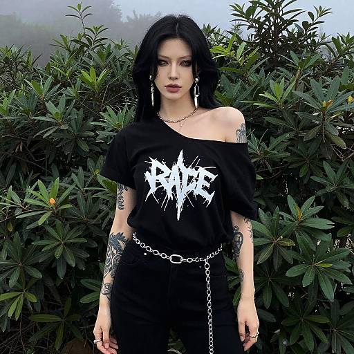 Edgy Woman in Black Rave T-Shirt with Tattoos and Chain Belt Outdoors