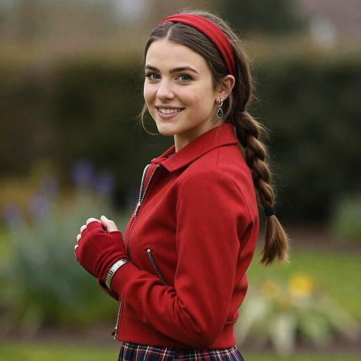 Young Woman Wearing Red Jacket and Headband Outdoors