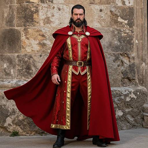 Medieval Man in Regal Red and Gold Costume with Cape