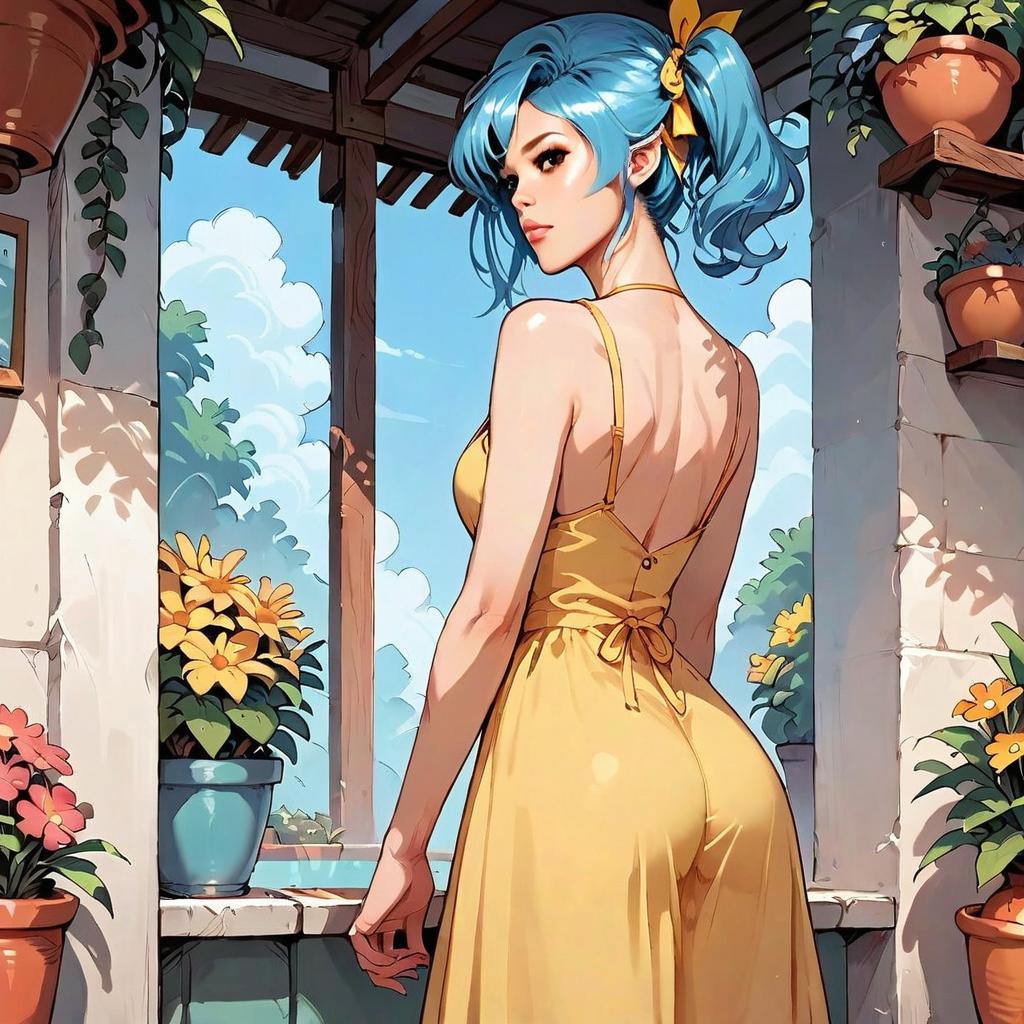 Anime Style Woman with Blue Hair on Balcony in Yellow Dress