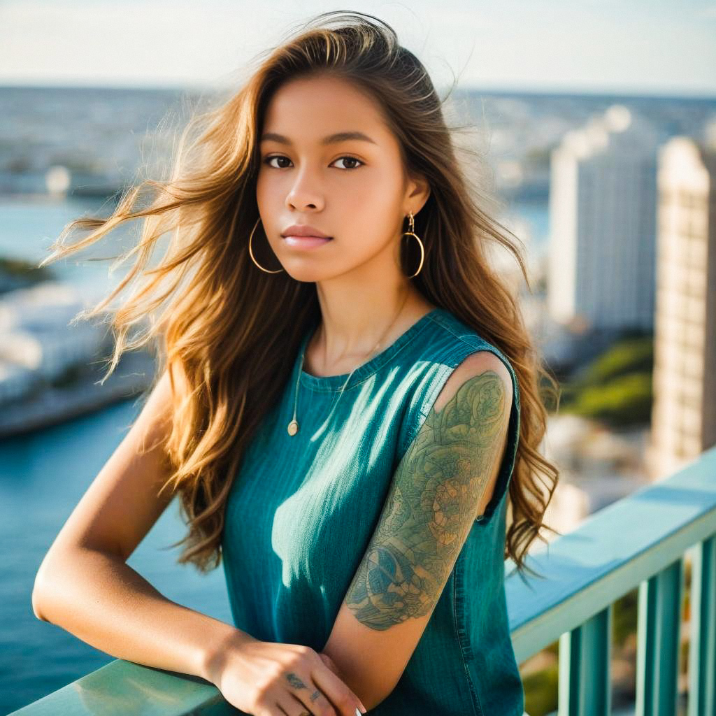 Young Woman on Balcony Overlooking Cityscape Young Woman on Balcony Overlooking Cityscape
