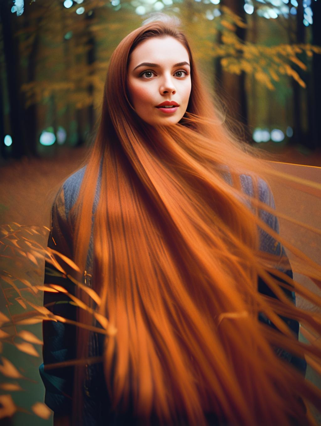Portrait of Woman with Long Red Hair in Autumn Forest