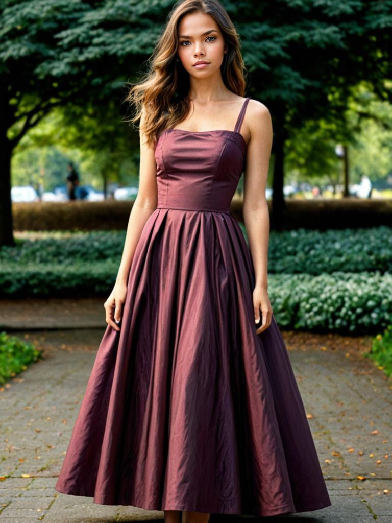 Elegant Woman in Maroon Dress Outdoors