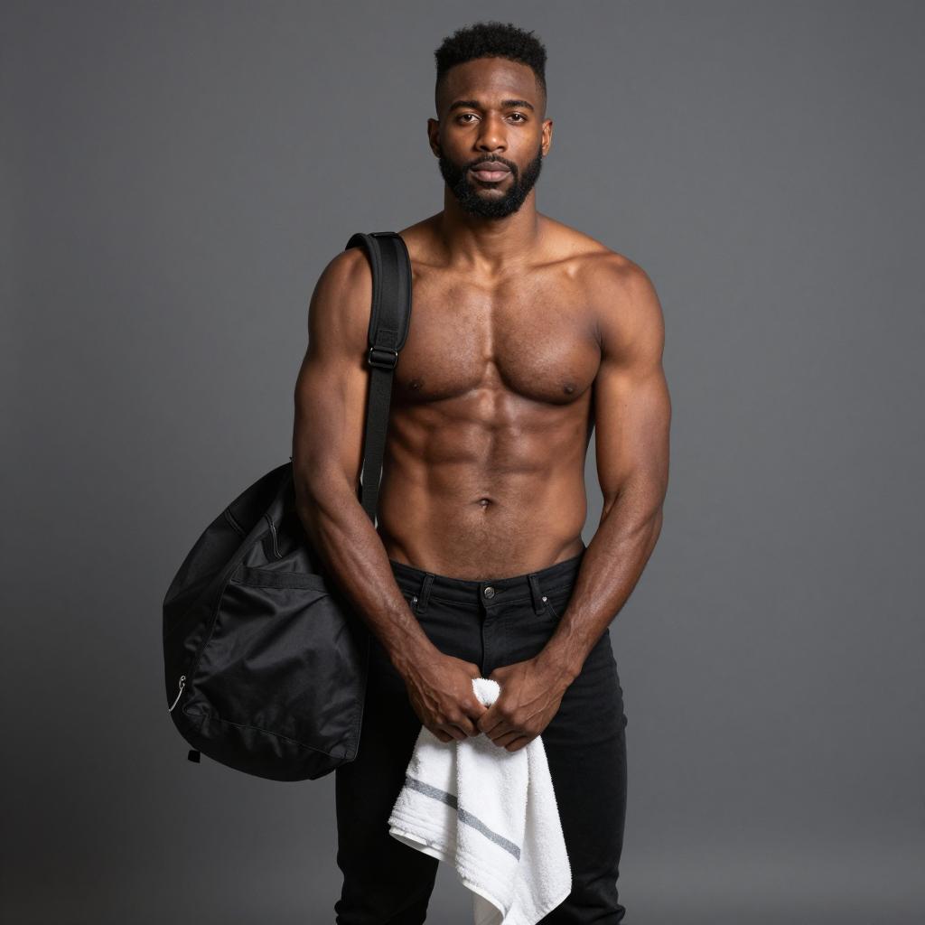 Muscular Young Man Holding Towel and Gym Bag on Grey Background