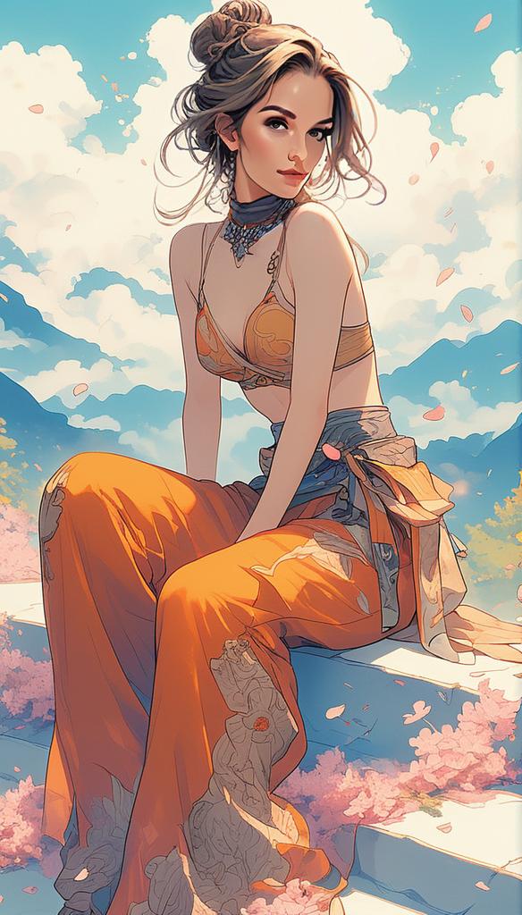 Elegant Woman in Flowing Orange Outfit Amid Cherry Blossoms Digital Illustration