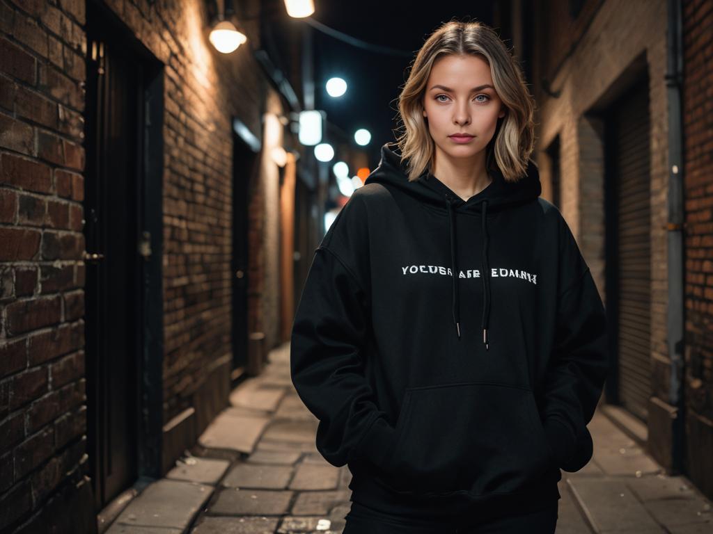 Woman in black hoodie, urban night