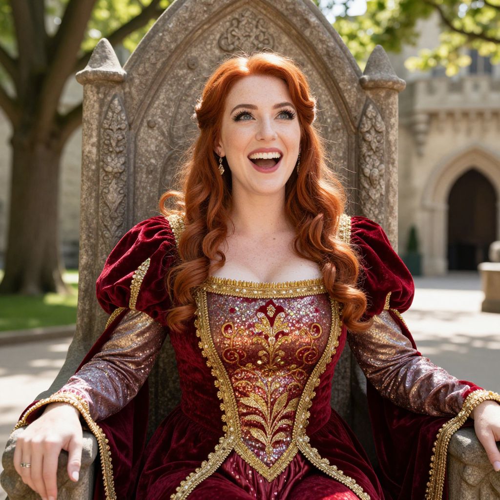 Red-haired Woman in Ornate Renaissance Dress Sitting on Stone Throne