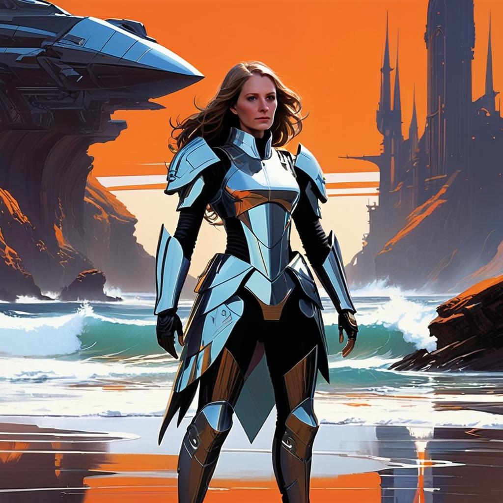 Futuristic Woman in Metallic Armor on Shoreline Futuristic Woman in Metallic Armor on Shoreline