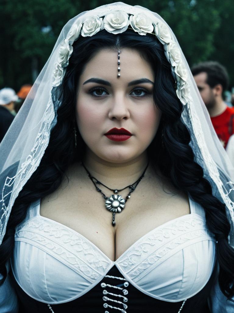 Plus Size Woman in Llorona Costume at Cosplay Festival Portrait Realist