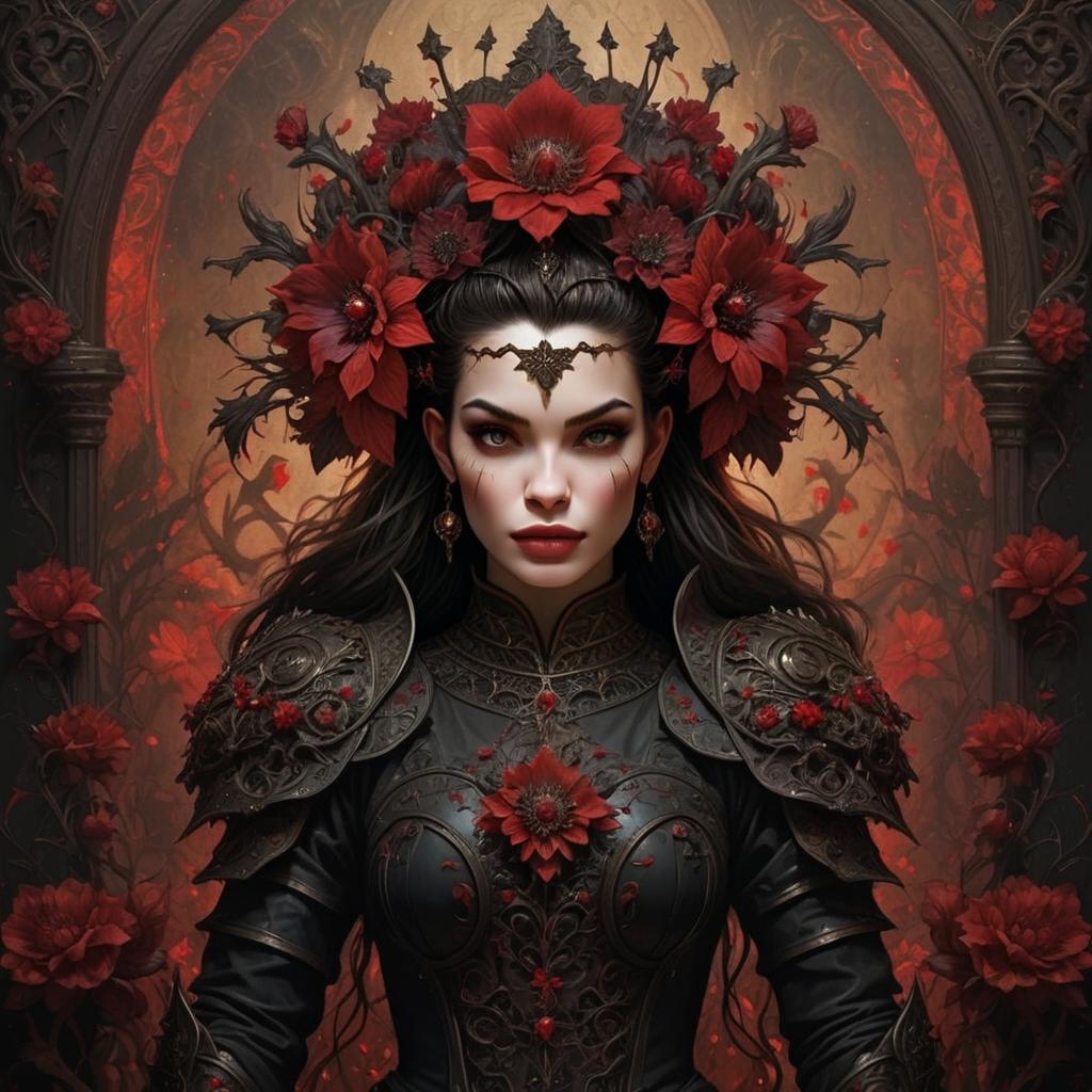 Gothic Fantasy Woman in Dark Armor with Red Floral Crown