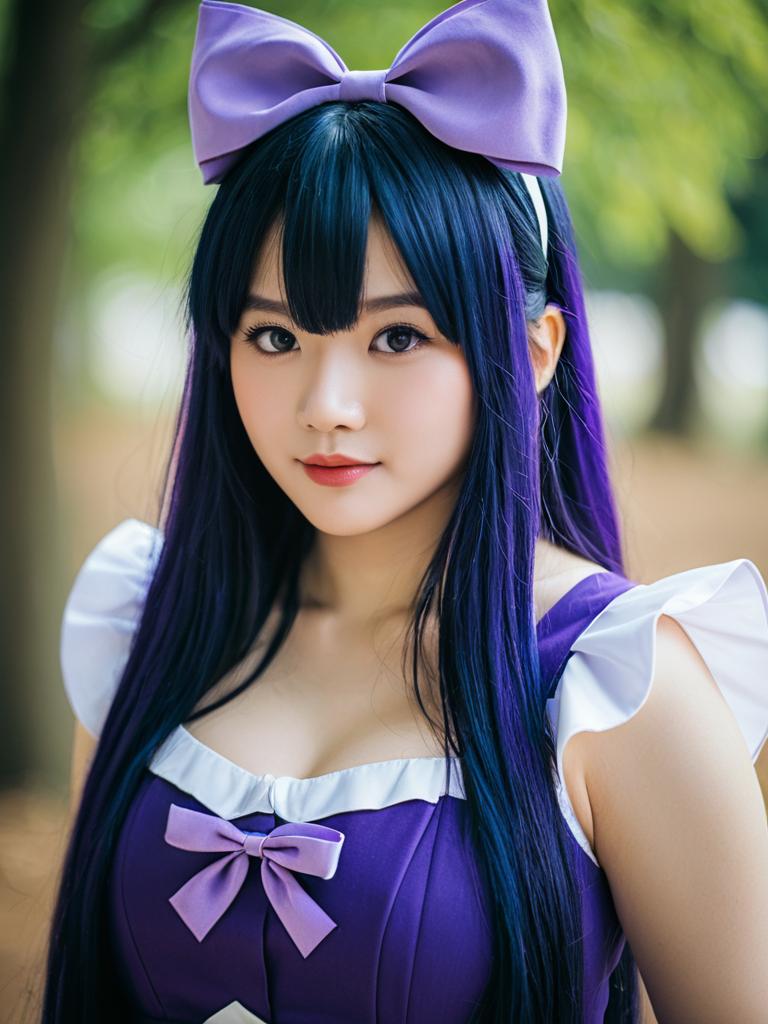 Aiba Uiha Cosplay Woman in Purple Anime Costume with Large Bow