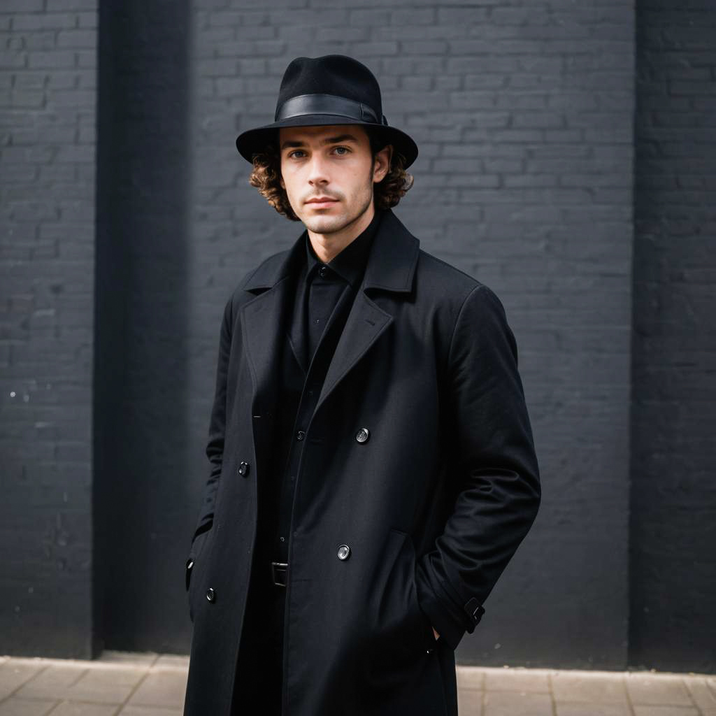 Stylish Young Man in Black Coat and Fedora