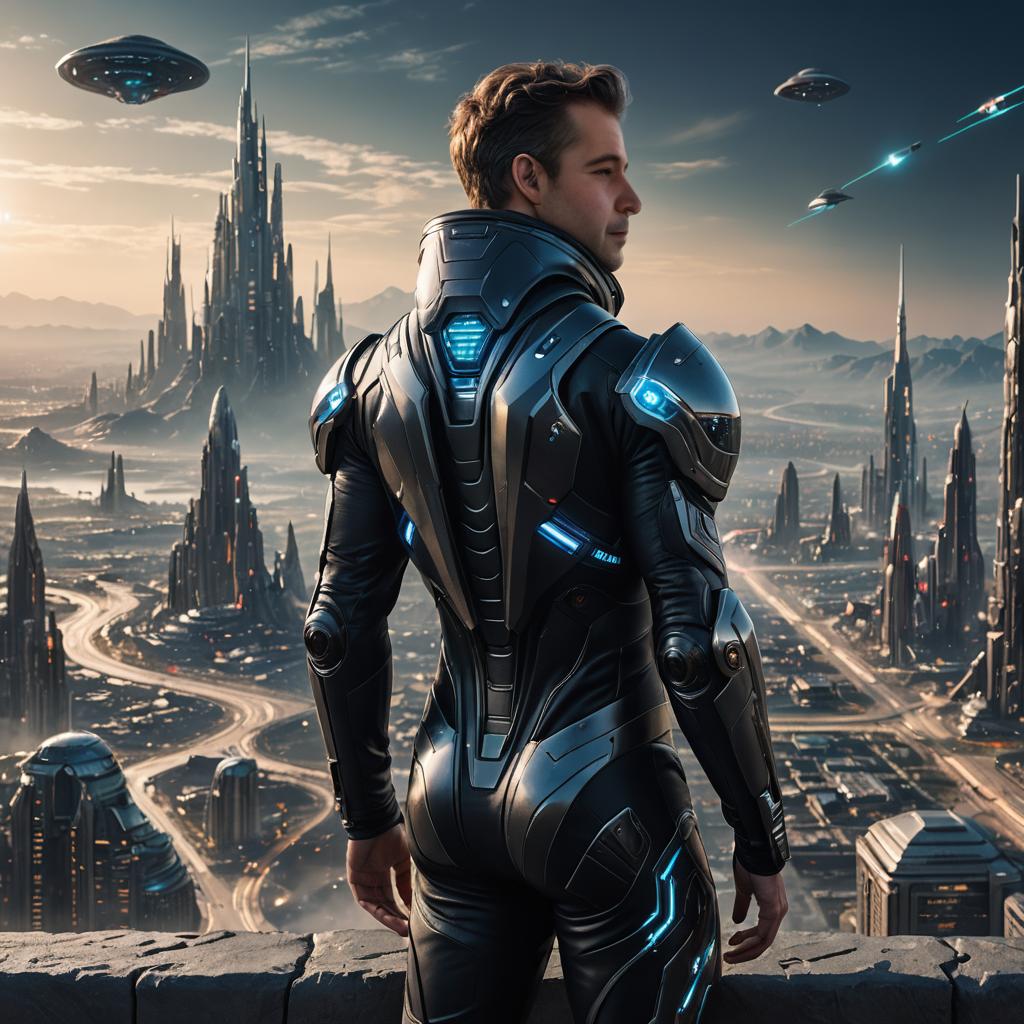 Futuristic Man Overlooking Sci-Fi Cityscape