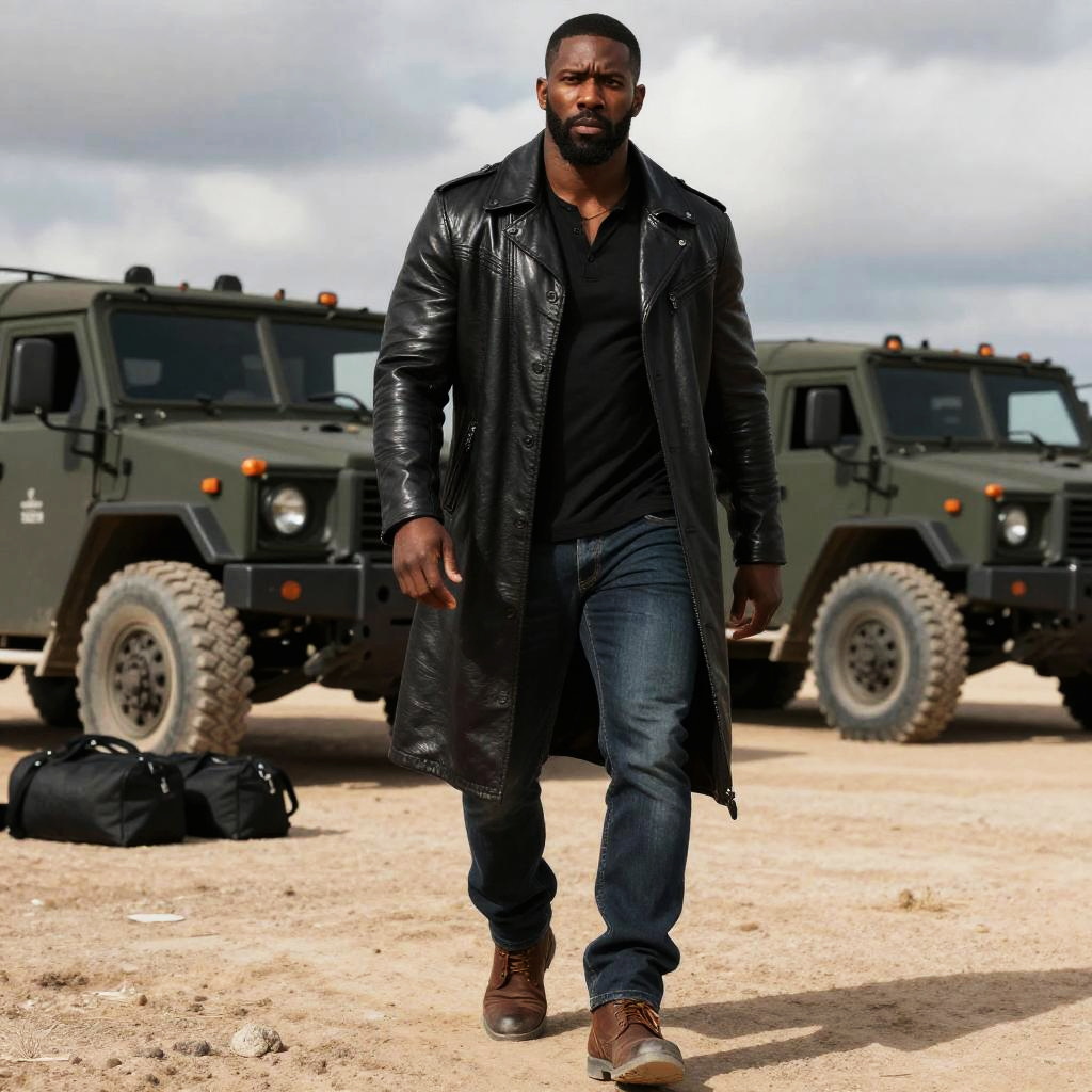 Man in Black Leather Coat Walking Near Military Trucks