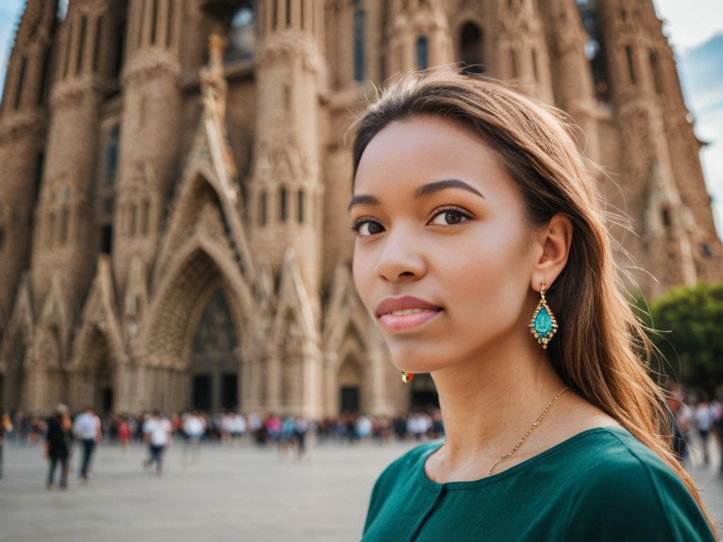 Woman with Delicate Earrings at Barcelona Landmark