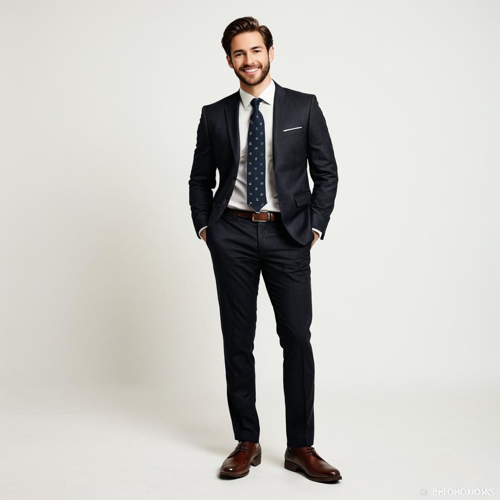 Confident Young Man in Navy Business Suit with Brown Shoes