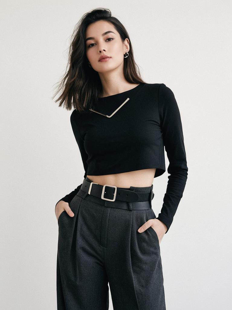 Contemporary Minimalist Black Asymmetrical Crop Top with Long Sleeves on Woman