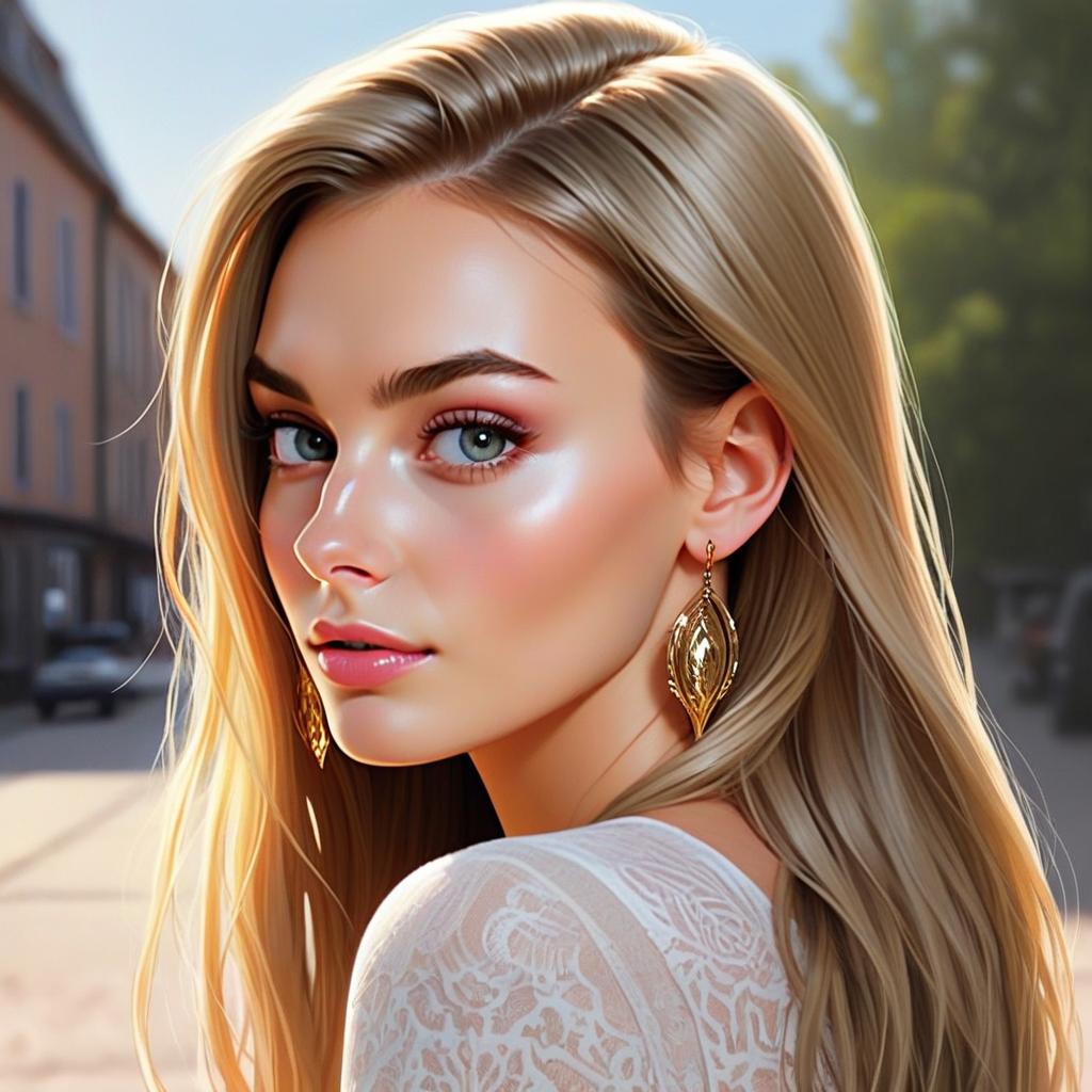 Close-Up Portrait of Woman with Blonde Hair and Golden Earrings in Digital Art Style