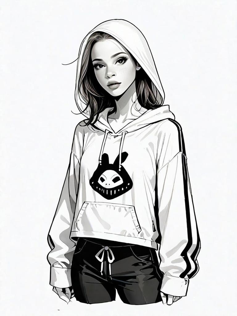 Realistic Comic Style Full Body Portrait of Woman in Casual Hoodie