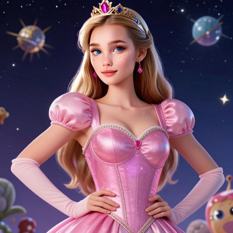 3D Digital Art Princess in Pink Dress with Tiara Fantasy Illustration