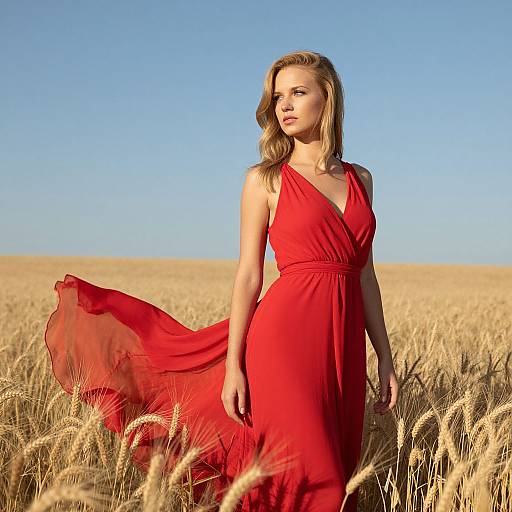 Woman in Flowing Red Dress Standing in Golden Wheat Field