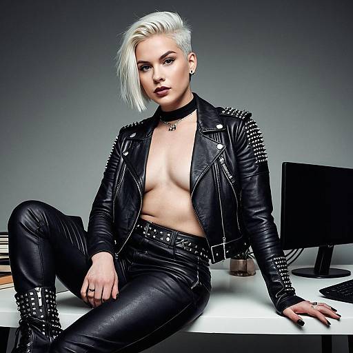 Stylish Blonde Woman in Black Studded Leather Outfit Sitting in Modern Office