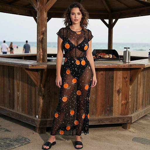 Woman Wearing Sheer Black Overlay Dress with Orange Fruit Pattern by the Beach