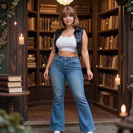 Young Woman in Modern Outfit Standing in Vintage Library with Leather Vest and Blue Jeans