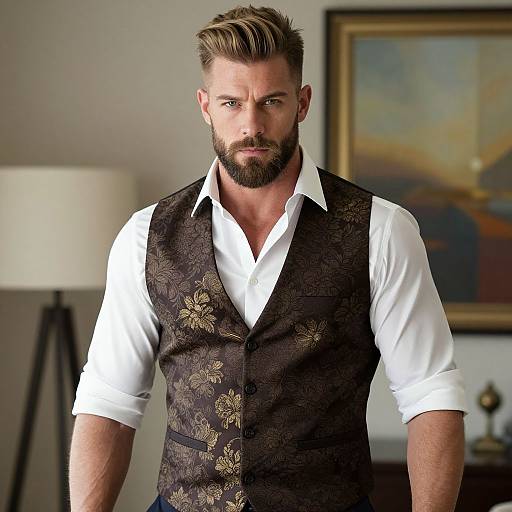 Confident Man Wearing Floral Patterned Vest Indoors