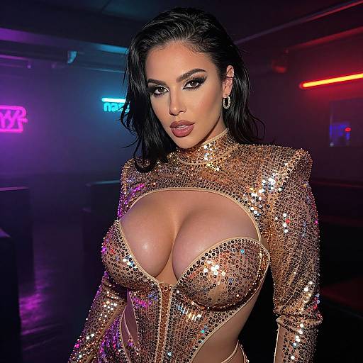 Glamorous Woman in Sequined Gold Dress at Nightclub