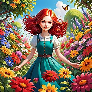 Young Woman in Colorful Garden