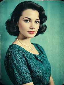 Vintage Style Portrait of Woman in Teal Dress with Pearl Necklace