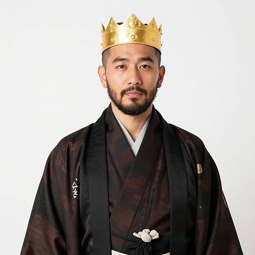 Man in Traditional Japanese Kimono with Golden Crown