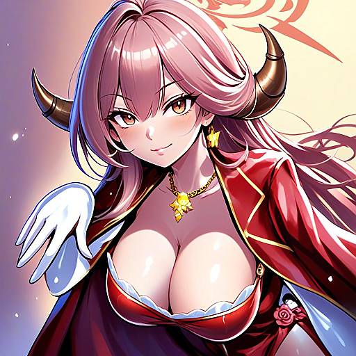 Anime Woman with Horns in Red Dress Digital Illustration