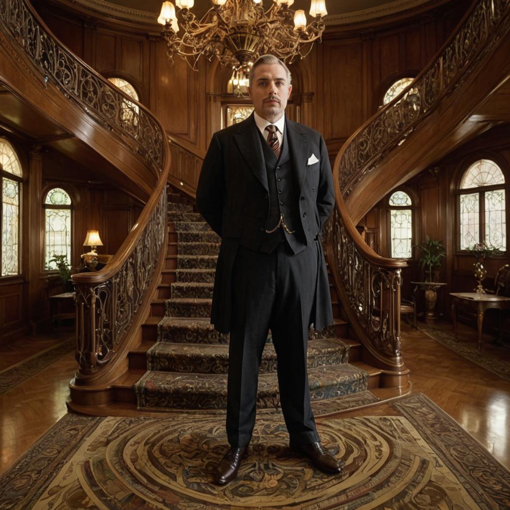 Confident man in dapper suit at grand staircase