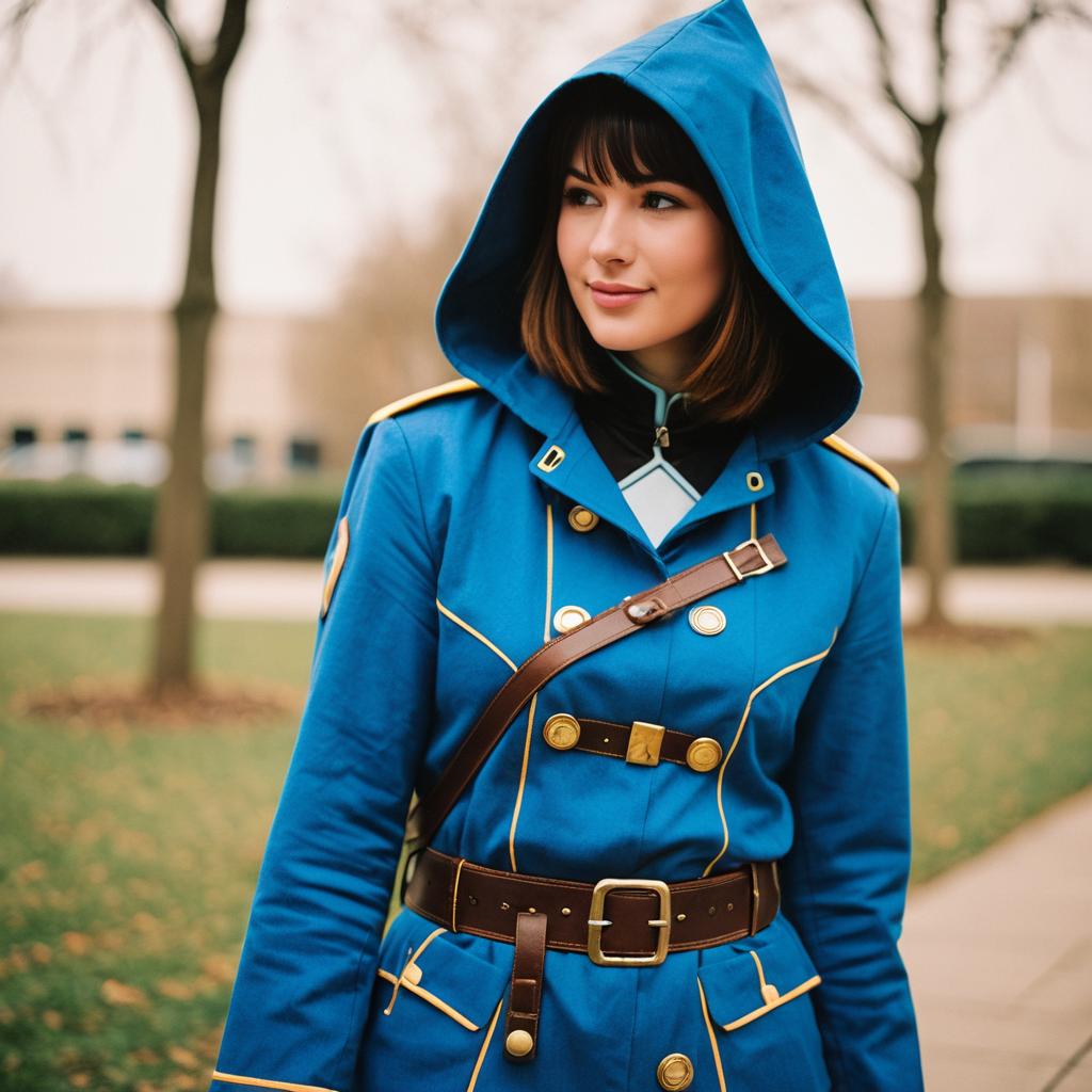 Woman in Blue Archive Cosplay Military Coat with Hood Outdoors