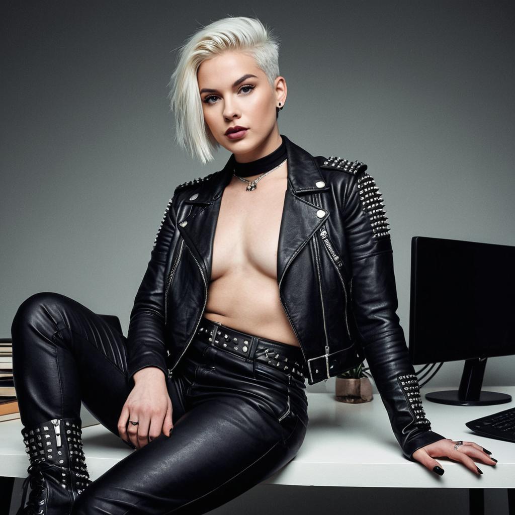 Stylish Blonde Woman in Black Studded Leather Outfit Sitting in Modern Office