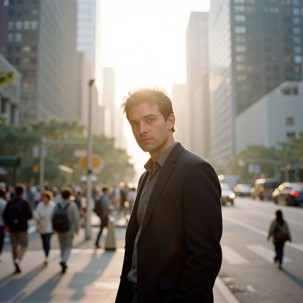 Man in Blazer on Urban Street During Golden Hour