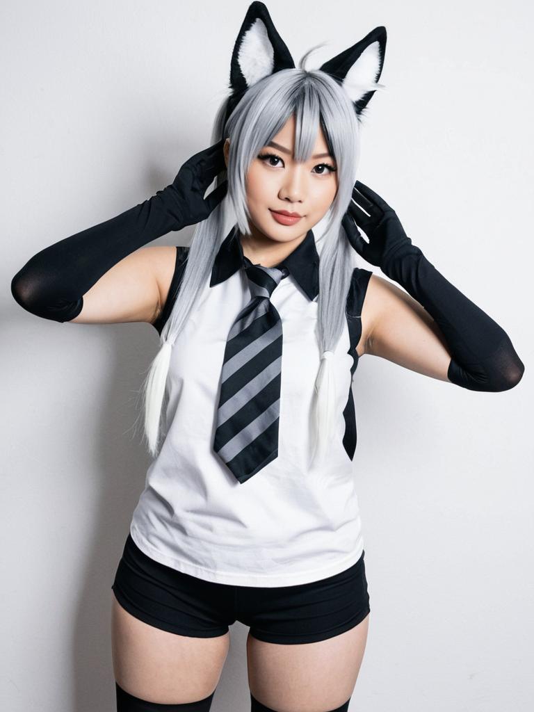 Aardwolf Kemono Friends Cosplay with Silver Hair and Fox Ears