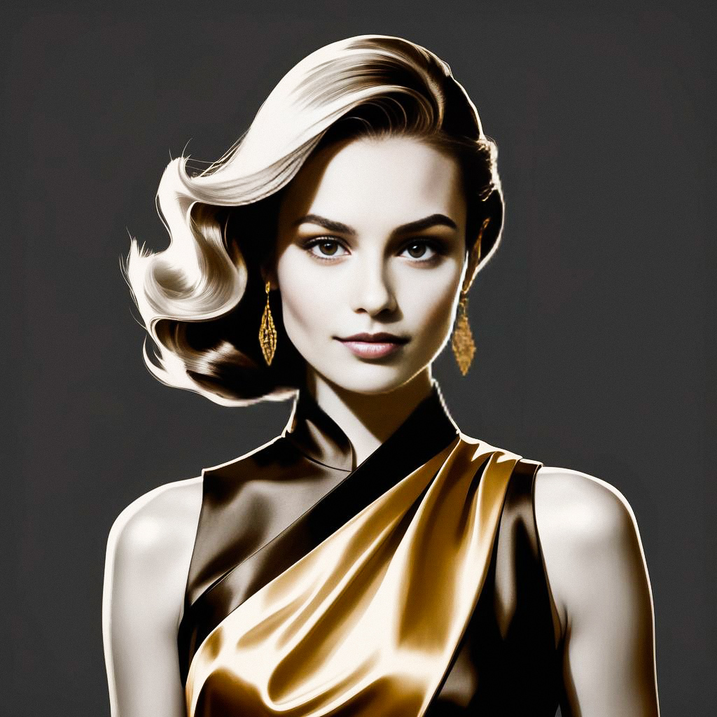 Sophisticated Woman in Gold Satin Dress