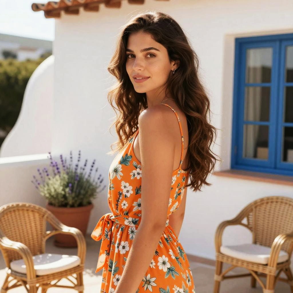 Young Woman in Orange Floral Dress on Sunny Mediterranean Terrace