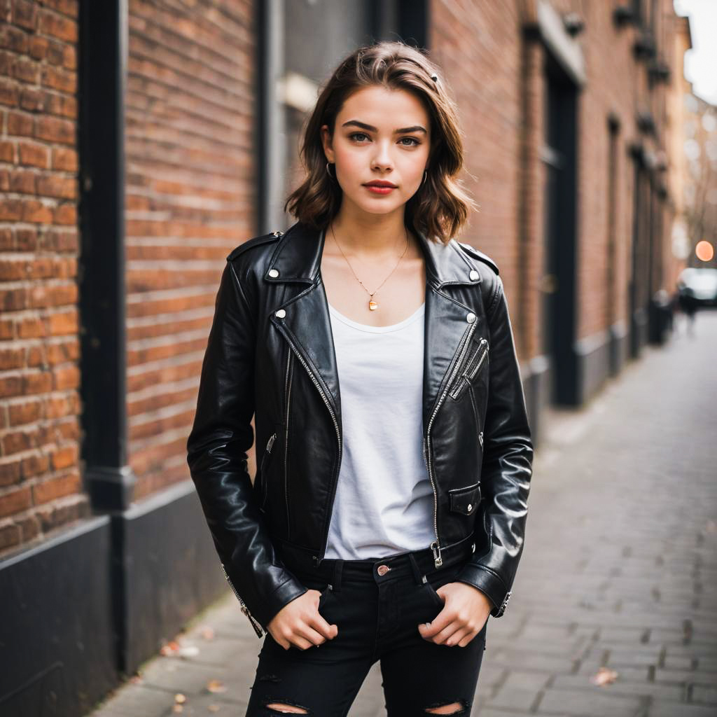 Stylish young woman in leather jacket against brick wall