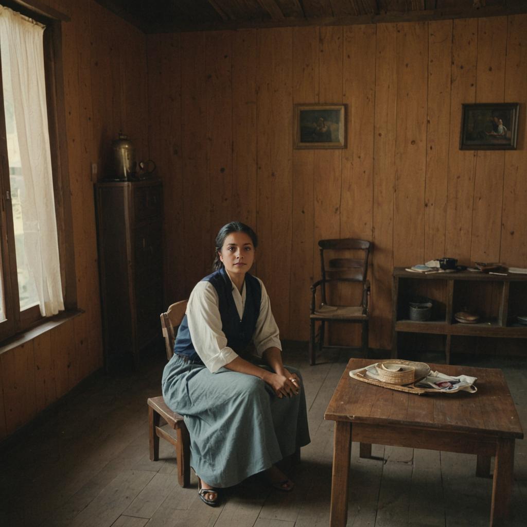 Contemplative Woman in Rustic Room