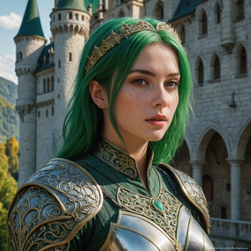 Female Knight with Green Hair in Detailed Armor