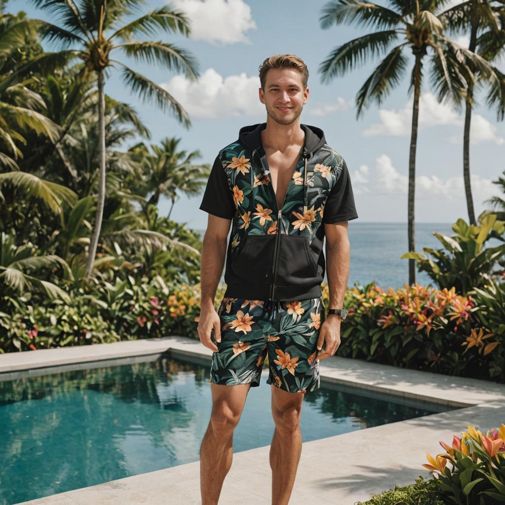 Man in Stylish Black Floral Outfit by Luxury Poolside