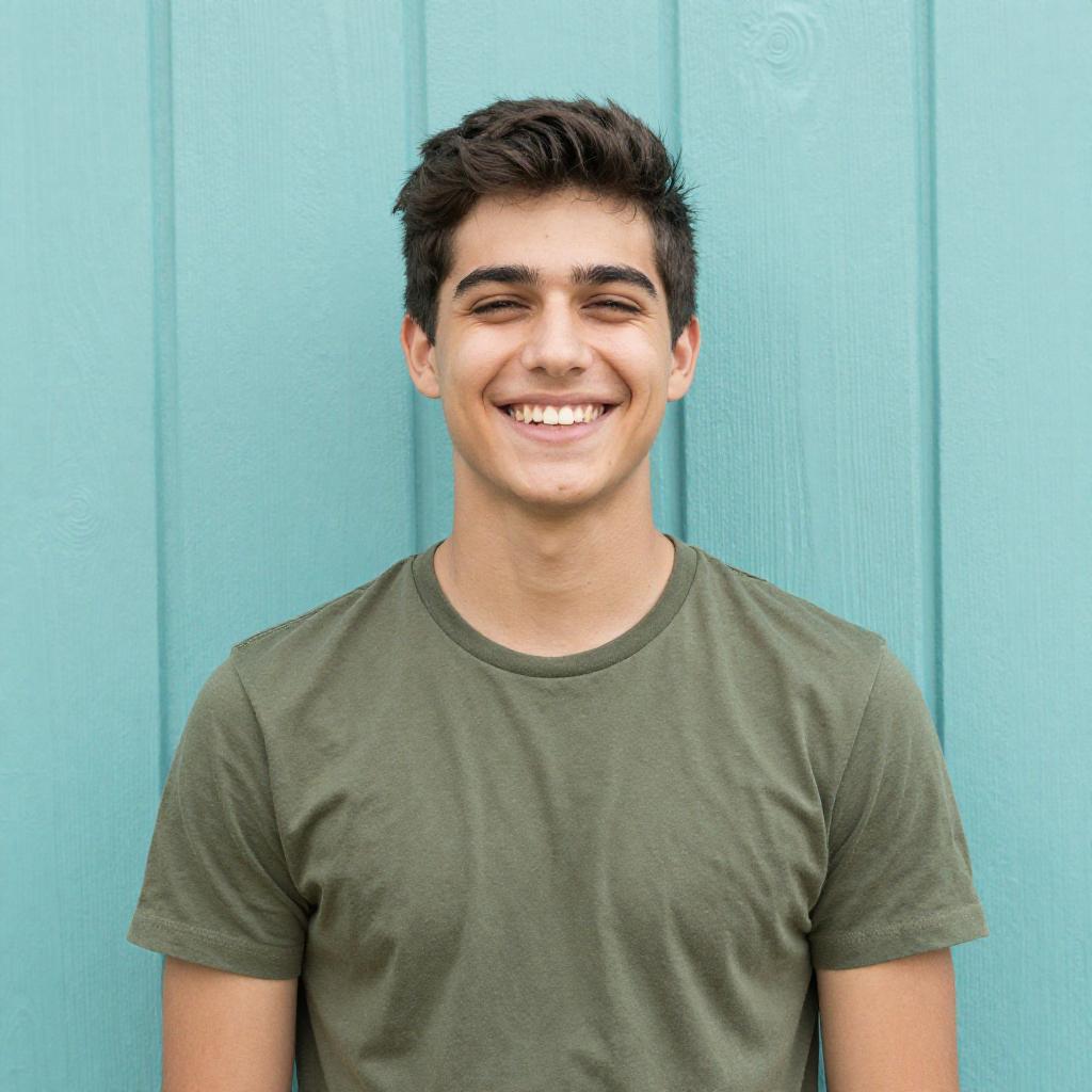 Smiling Young Man in Olive T-Shirt Against Turquoise Wall