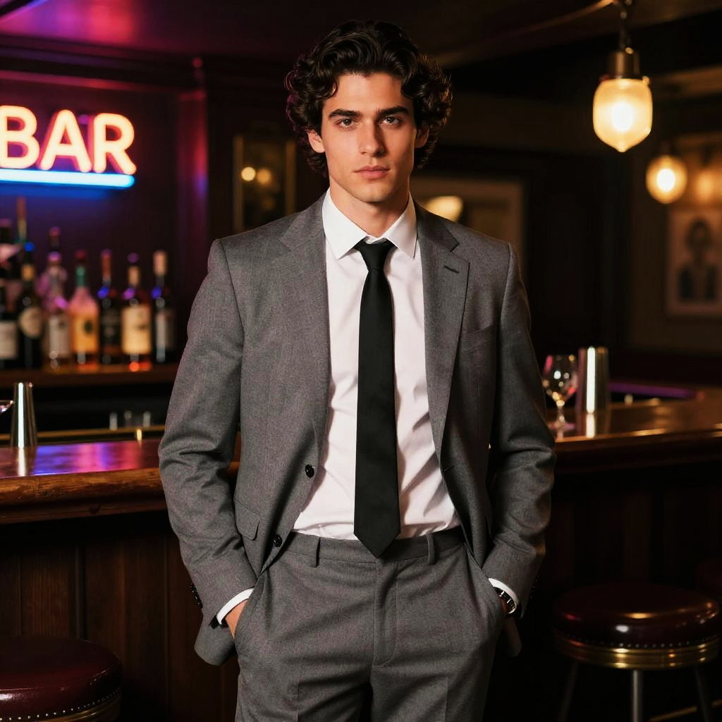 Young Man in Grey Suit at Stylish Bar - Gen Z Fashion