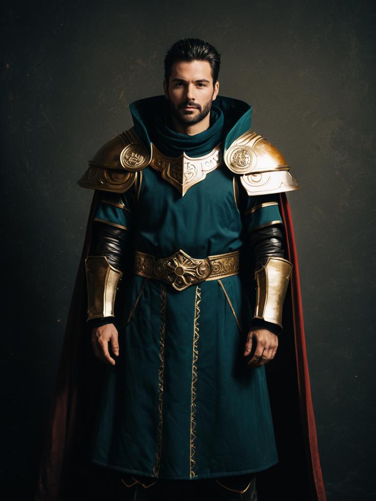Man in Realistic Artorius Cosplay Armor Costume