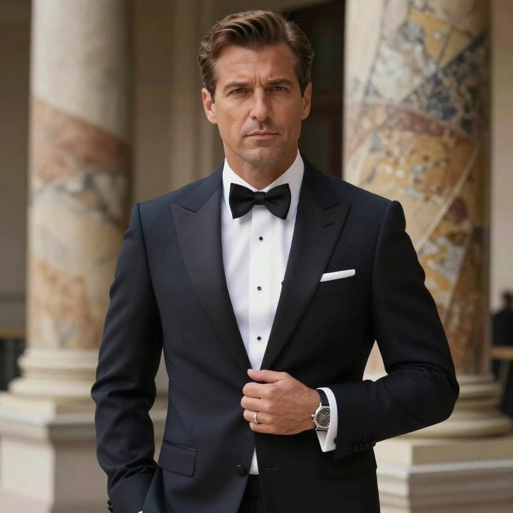 Confident Man in Classic Black Tuxedo with Bow Tie in Elegant Setting